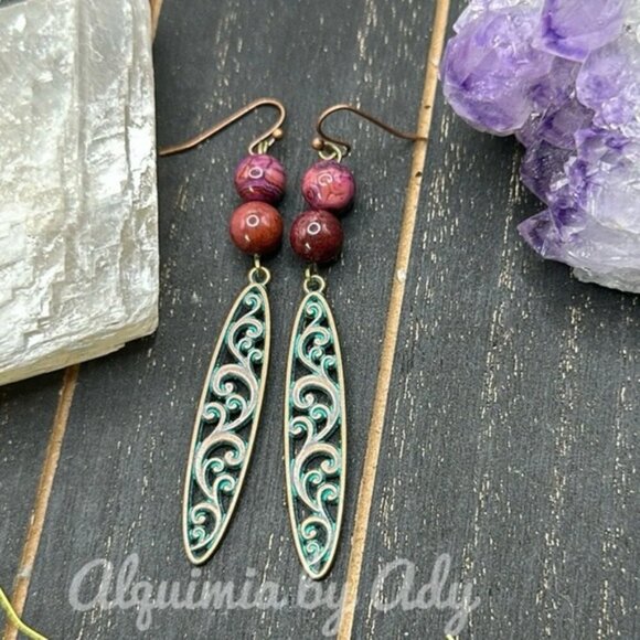 Purple turquoise rustic dangle statement earrings - Picture 1 of 1